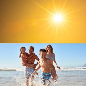 A split picture of a bright sun and a picture of a family having fun at a beach, symbolizing summer